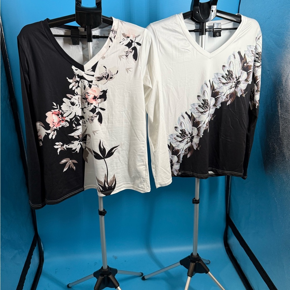(2) TFloral V-Neck Pullover Women Stretch Long Sleeve Tops - Black and White  Me